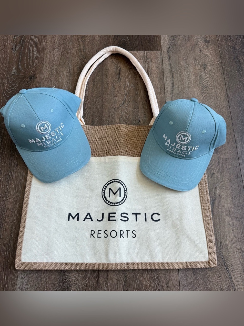Majestic Resorts Light Blue Caps with Cream Canvas Tote